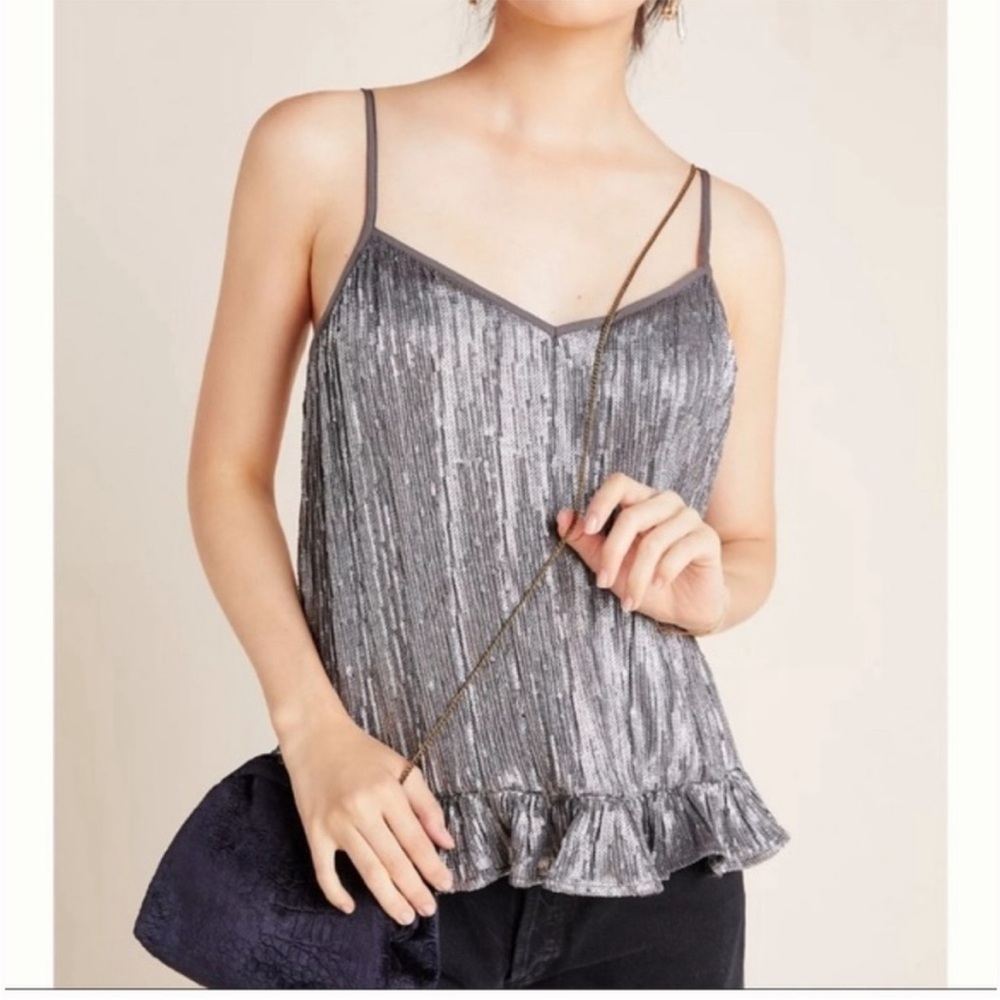 NWT: $98 ANTHROPOLOGIE “Amelia” Gray Sequin Top, Size 4